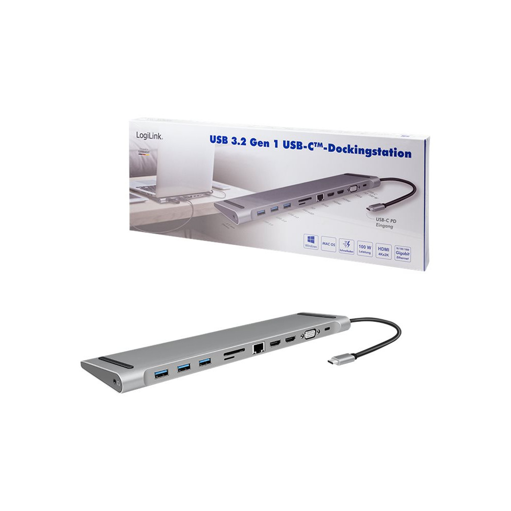 Produktbild för LogiLink - dockningsstation - USB-C 3.2 Gen 1 - 2 x HDMI, VGA - 1GbE
