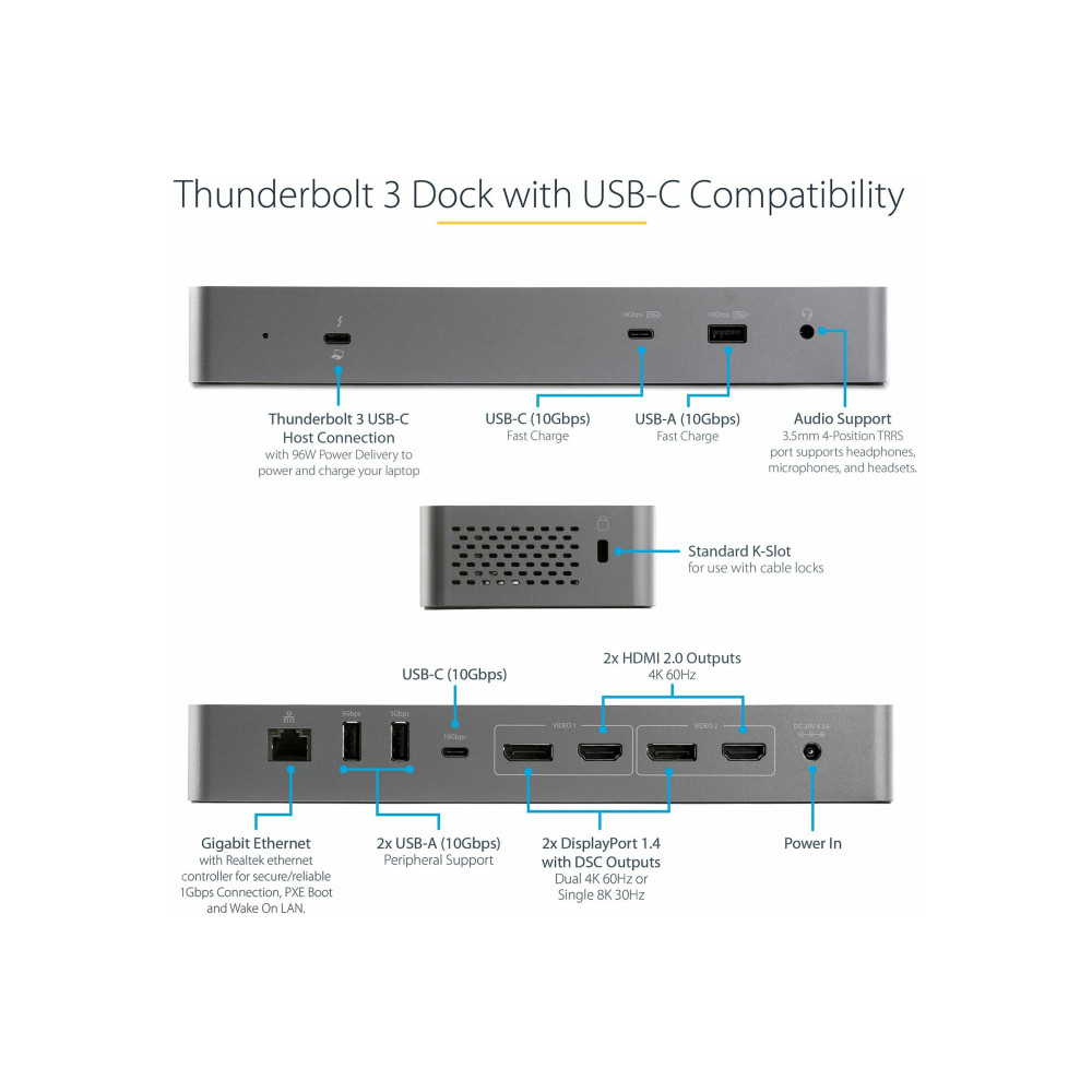Produktbild för StarTech.com Thunderbolt 3-dockningsstation med USB-C värdkompabilitet - Dubbla 4K 60Hz DisplayPort 1.4- eller dubbla HDMI-skärmar - Singel 8K - TB3/USB-C dockningsstation för bärbar dator - 96 W PD, 5xUSB - 10 Gbit/s - dockningsstation - USB-C 3.2 Gen 2 