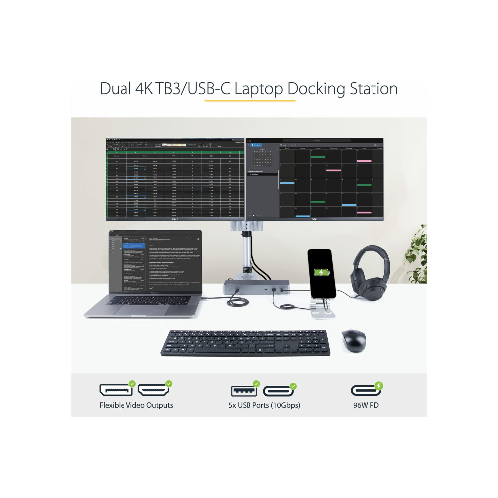 Produktbild för StarTech.com Thunderbolt 3-dockningsstation med USB-C värdkompabilitet - Dubbla 4K 60Hz DisplayPort 1.4- eller dubbla HDMI-skärmar - Singel 8K - TB3/USB-C dockningsstation för bärbar dator - 96 W PD, 5xUSB - 10 Gbit/s - dockningsstation - USB-C 3.2 Gen 2 