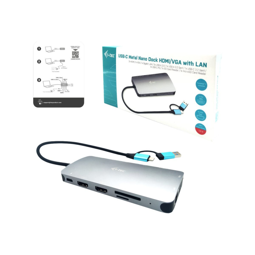 Produktbild för i-Tec Nano Dock - dockningsstation - USB 3.0 / USB4 / Thunderbolt 4 - VGA, 2 x HDMI - 1GbE
