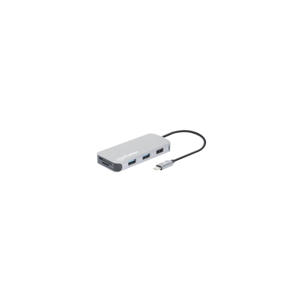 Produktbild för Manhattan USB-C Dock/Hub with Card Reader, Ports (x6): Ethernet, HDMI, USB-A (x3) and USB-C, With Power Delivery (10W) to USB-C Port (Note additional USB-C wall charger and USB-C cable needed), Cable 15cm, Aluminium, Silver, Three Year Warranty, Retail Bo
