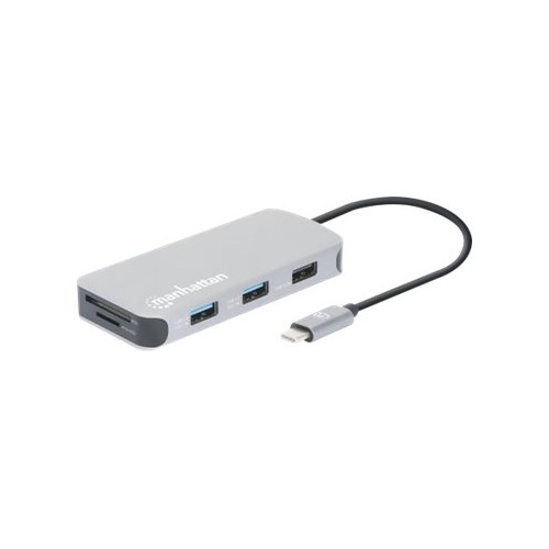 Manhattan Manhattan USB-C Dock/Hub with Card Reader, Ports (x6): Ethernet, HDMI, USB-A (x3) and USB-C, With Power Delivery (10W) to USB-C Port (Note additional USB-C wall charger and USB-C cable needed), Cable 15cm, Aluminium, Silver, Three Year Warranty, Retail Bo