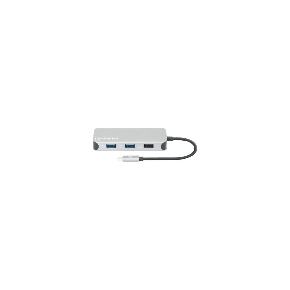 Produktbild för Manhattan USB-C Dock/Hub with Card Reader, Ports (x6): Ethernet, HDMI, USB-A (x3) and USB-C, With Power Delivery (10W) to USB-C Port (Note additional USB-C wall charger and USB-C cable needed), Cable 15cm, Aluminium, Silver, Three Year Warranty, Retail Bo