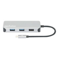 Produktbild för Manhattan USB-C Dock/Hub with Card Reader, Ports (x6): Ethernet, HDMI, USB-A (x3) and USB-C, With Power Delivery (10W) to USB-C Port (Note additional USB-C wall charger and USB-C cable needed), Cable 15cm, Aluminium, Silver, Three Year Warranty, Retail Bo