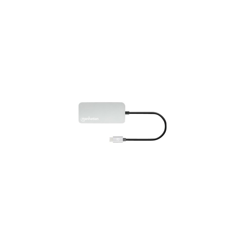 Produktbild för Manhattan USB-C Dock/Hub with Card Reader, Ports (x6): Ethernet, HDMI, USB-A (x3) and USB-C, With Power Delivery (10W) to USB-C Port (Note additional USB-C wall charger and USB-C cable needed), Cable 15cm, Aluminium, Silver, Three Year Warranty, Retail Bo