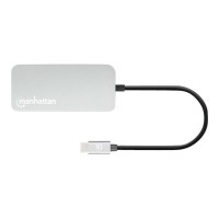 Produktbild för Manhattan USB-C Dock/Hub with Card Reader, Ports (x6): Ethernet, HDMI, USB-A (x3) and USB-C, With Power Delivery (10W) to USB-C Port (Note additional USB-C wall charger and USB-C cable needed), Cable 15cm, Aluminium, Silver, Three Year Warranty, Retail Bo