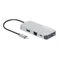 Produktbild för Manhattan USB-C Dock/Hub with Card Reader, Ports (x6): Ethernet, HDMI, USB-A (x3) and USB-C, With Power Delivery (10W) to USB-C Port (Note additional USB-C wall charger and USB-C cable needed), Cable 15cm, Aluminium, Silver, Three Year Warranty, Retail Bo
