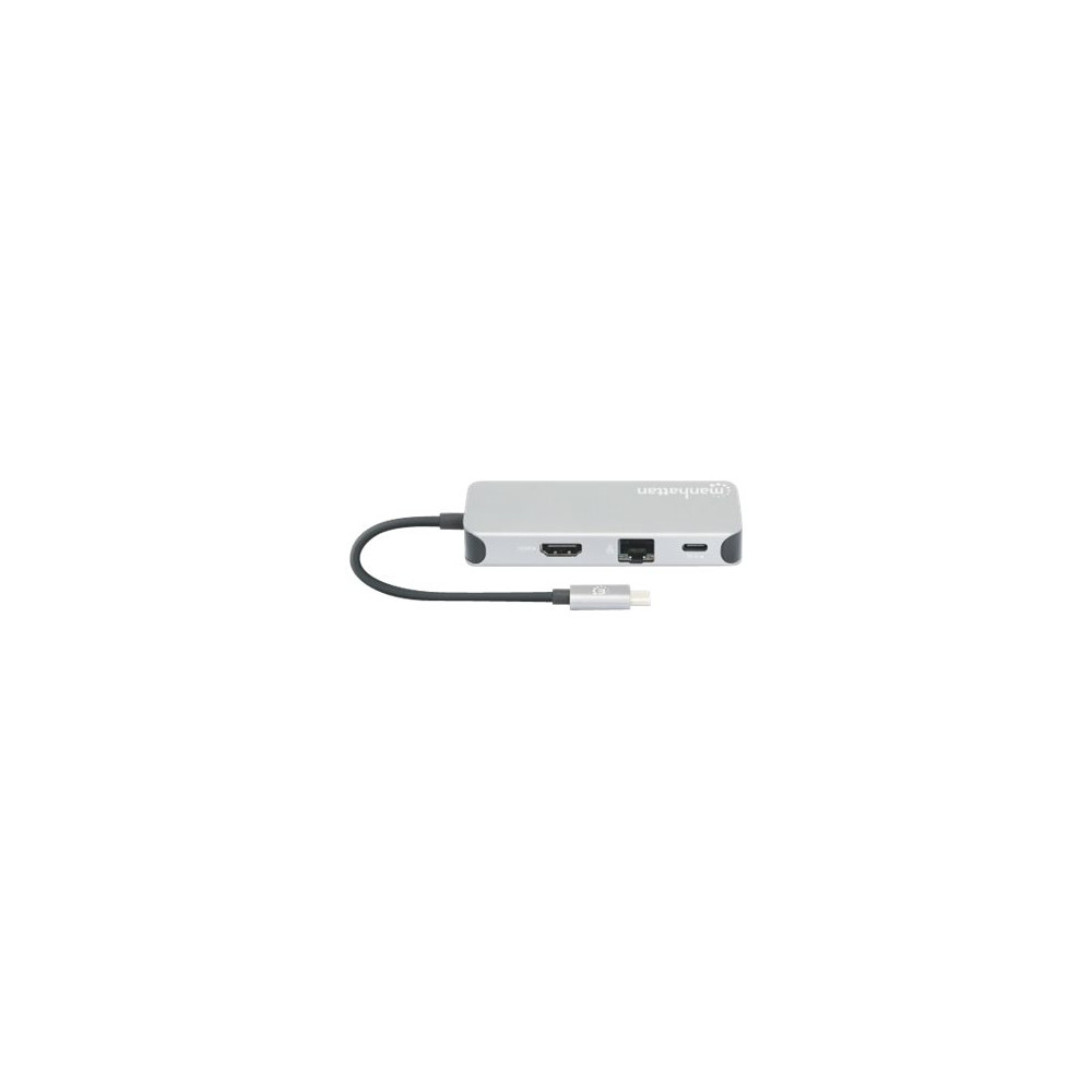 Produktbild för Manhattan USB-C Dock/Hub with Card Reader, Ports (x6): Ethernet, HDMI, USB-A (x3) and USB-C, With Power Delivery (10W) to USB-C Port (Note additional USB-C wall charger and USB-C cable needed), Cable 15cm, Aluminium, Silver, Three Year Warranty, Retail Bo