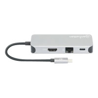 Produktbild för Manhattan USB-C Dock/Hub with Card Reader, Ports (x6): Ethernet, HDMI, USB-A (x3) and USB-C, With Power Delivery (10W) to USB-C Port (Note additional USB-C wall charger and USB-C cable needed), Cable 15cm, Aluminium, Silver, Three Year Warranty, Retail Bo