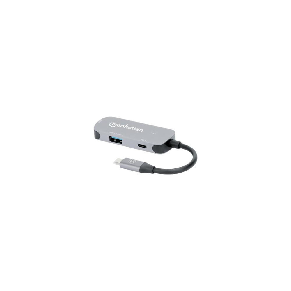 Produktbild för Manhattan USB-C Dock/Hub, Ports (x3):  HDMI, USB-A and USB-C, With Power Delivery (100W) to USB-C Port (Note add USB-C wall charger and USB-C cable needed), All Ports can be used at the same time, Aluminium, Space Grey, Three Year Warranty, Retail Box - d
