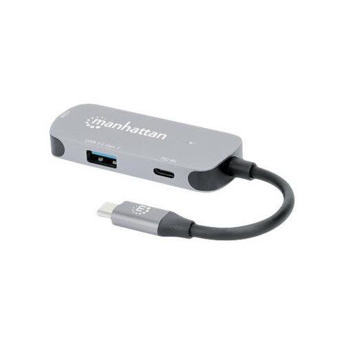 Manhattan Manhattan USB-C Dock/Hub, Ports (x3):  HDMI, USB-A and USB-C, With Power Delivery (100W) to USB-C Port (Note add USB-C wall charger and USB-C cable needed), All Ports can be used at the same time, Aluminium, Space Grey, Three Year Warranty, Retail Box - d