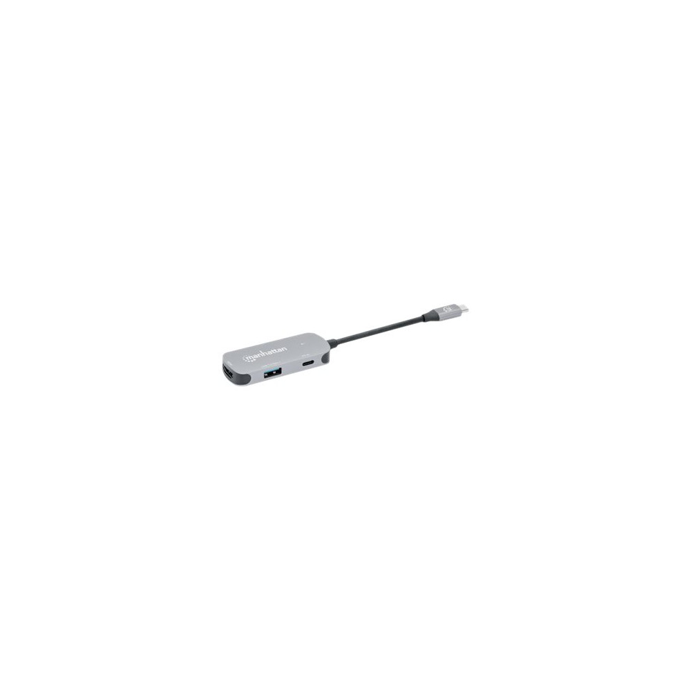 Produktbild för Manhattan USB-C Dock/Hub, Ports (x3):  HDMI, USB-A and USB-C, With Power Delivery (100W) to USB-C Port (Note add USB-C wall charger and USB-C cable needed), All Ports can be used at the same time, Aluminium, Space Grey, Three Year Warranty, Retail Box - d
