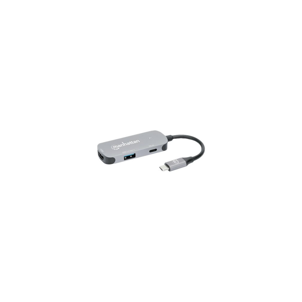 Produktbild för Manhattan USB-C Dock/Hub, Ports (x3):  HDMI, USB-A and USB-C, With Power Delivery (100W) to USB-C Port (Note add USB-C wall charger and USB-C cable needed), All Ports can be used at the same time, Aluminium, Space Grey, Three Year Warranty, Retail Box - d