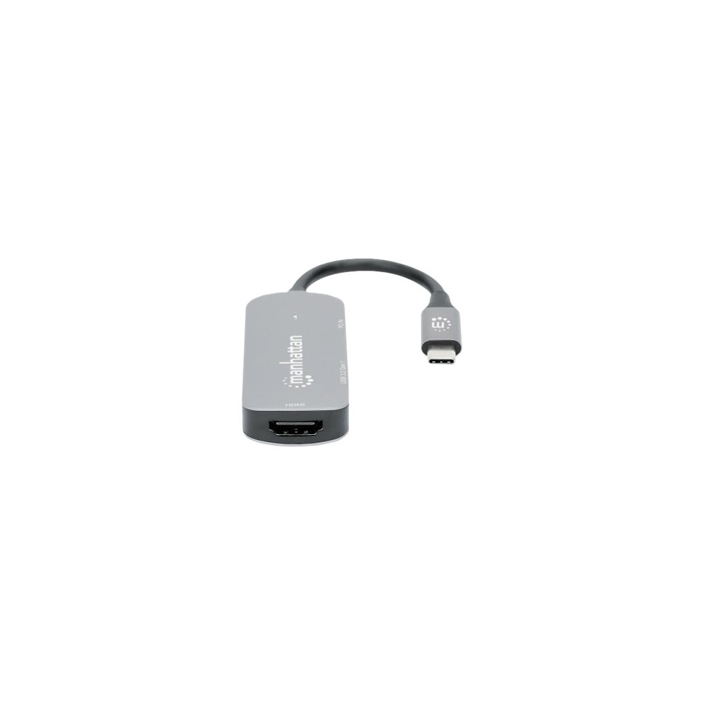 Produktbild för Manhattan USB-C Dock/Hub, Ports (x3):  HDMI, USB-A and USB-C, With Power Delivery (100W) to USB-C Port (Note add USB-C wall charger and USB-C cable needed), All Ports can be used at the same time, Aluminium, Space Grey, Three Year Warranty, Retail Box - d