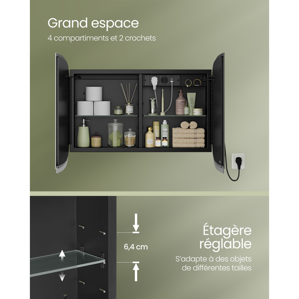 Produktbild för Bathroom Mirror With Lighting 2 Adjustable Shelves Ink Black 80x60x14cm
