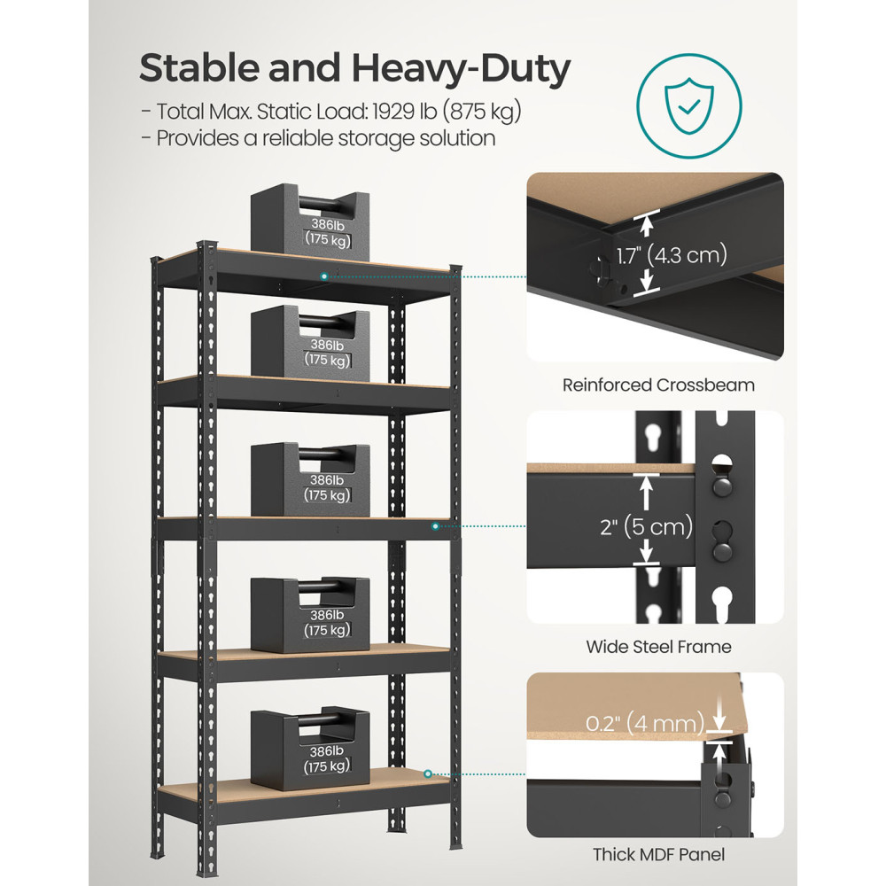 Produktbild för Set Of 2 5-tier Shelving Unit Storage Shelves 30 X Load 875 Kg Black 76x31x153cm