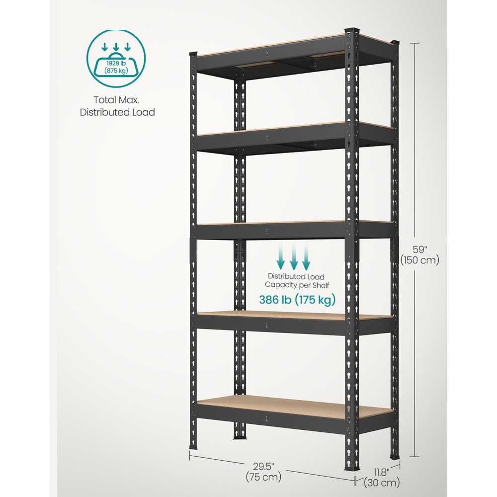 Produktbild för Set Of 2 5-tier Shelving Unit Storage Shelves 30 X Load 875 Kg Black 76x31x153cm