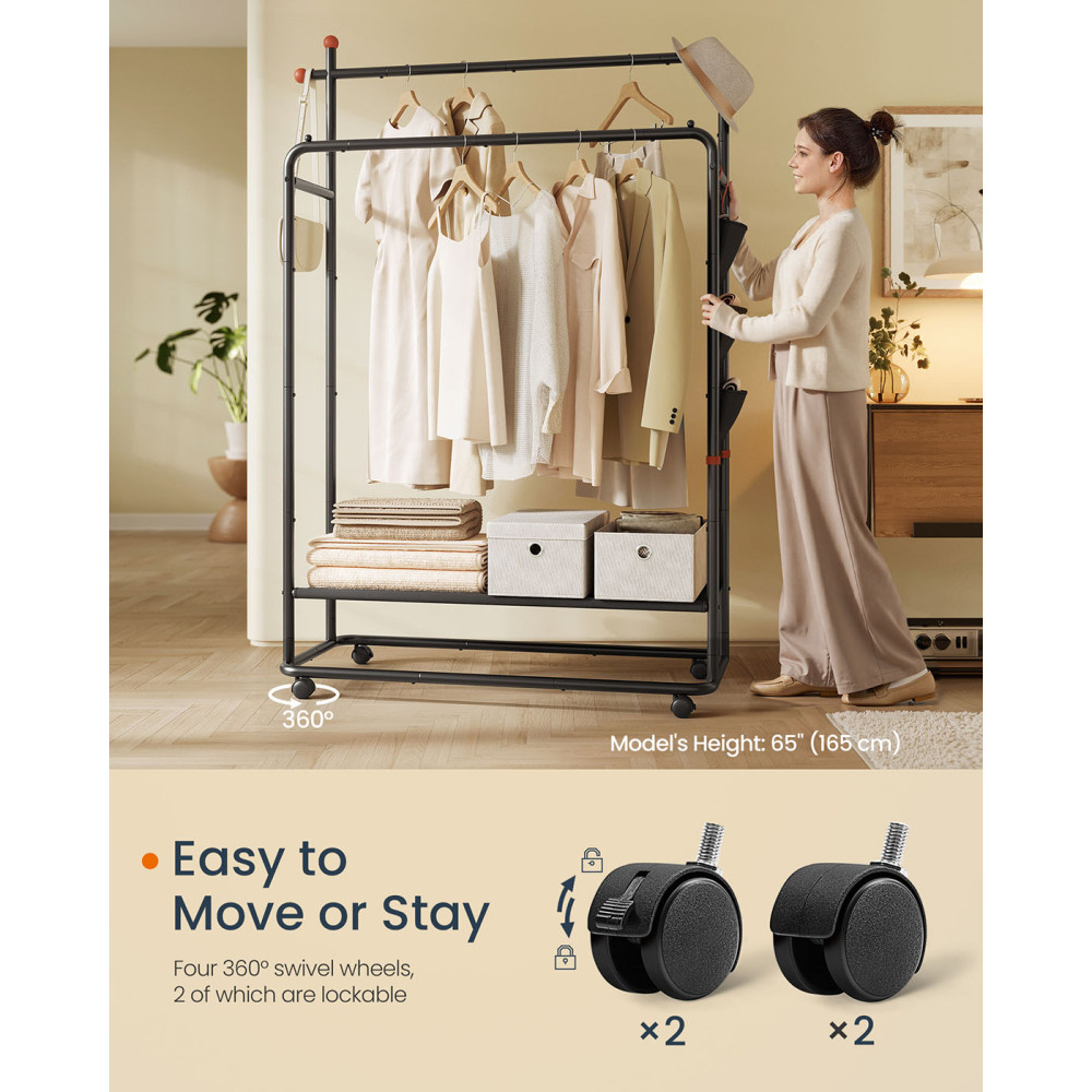 Produktbild för Clothes Rail On Wheels With 2 Clothes Hanging Rails Ink Black 103x50x190cm