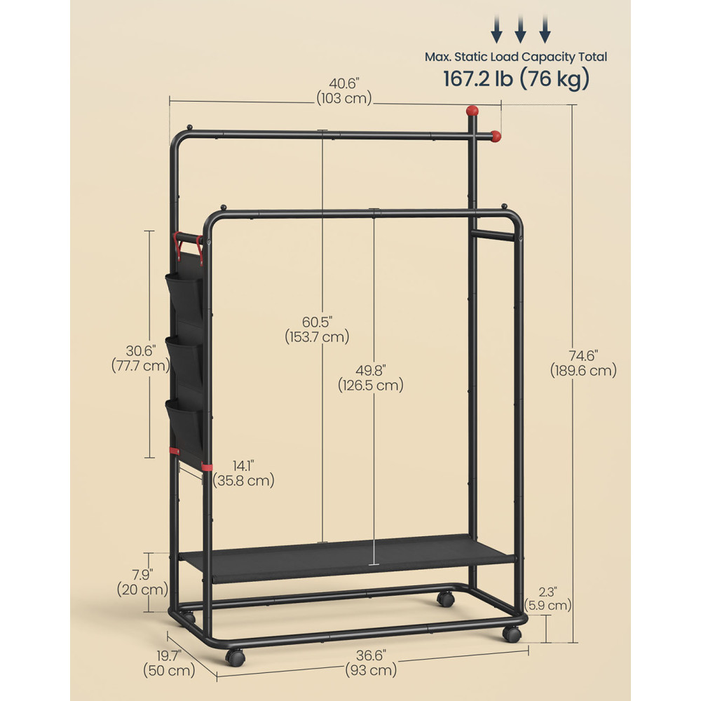 Produktbild för Clothes Rail On Wheels With 2 Clothes Hanging Rails Ink Black 103x50x190cm