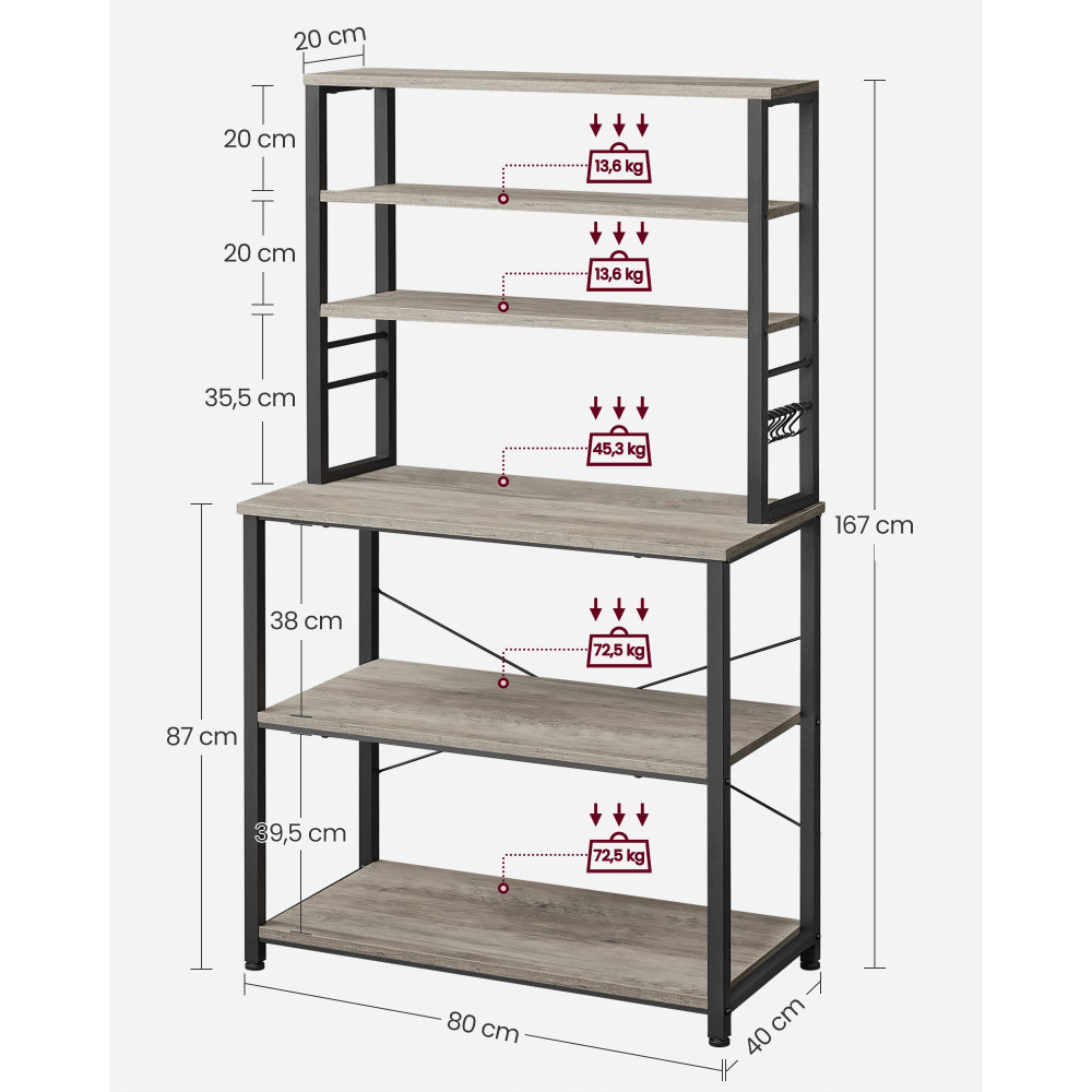 Produktbild för Kitchen Shelf 6 Shelves And 6 Hooks 40 X Greige And Black Milky Coffee Color 80×40×167cm