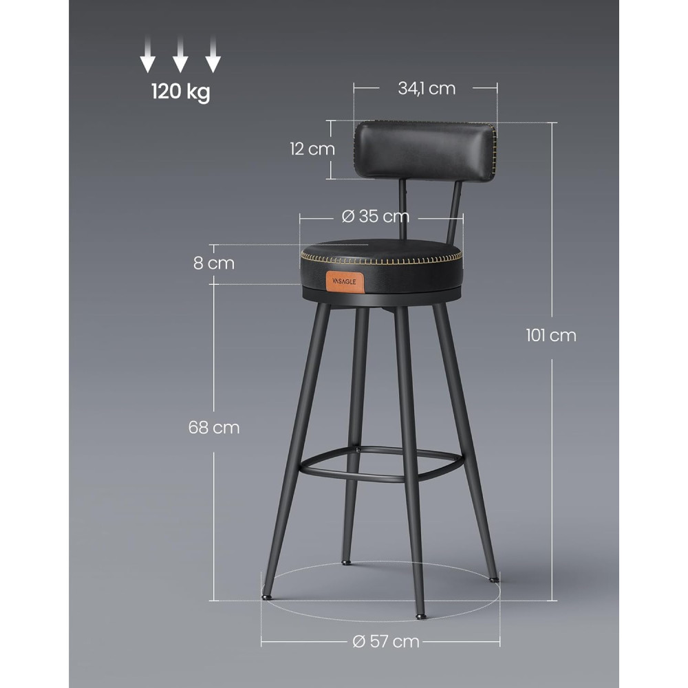 Produktbild för Vasagle Ekho Collection Bar Stool Set Of 2 Kitchen Chair Padded Seat Pu With Stitching Modern Style Mid-century Height 76 cm For Kitchen Bar Black Ink Lbc889b01 56x56x102cm