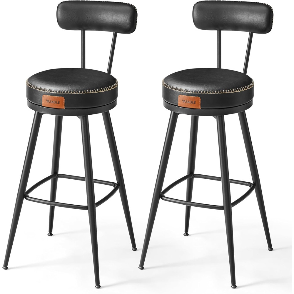 Produktbild för Vasagle Ekho Collection Bar Stool Set Of 2 Kitchen Chair Padded Seat Pu With Stitching Modern Style Mid-century Height 76 cm For Kitchen Bar Black Ink Lbc889b01 56x56x102cm