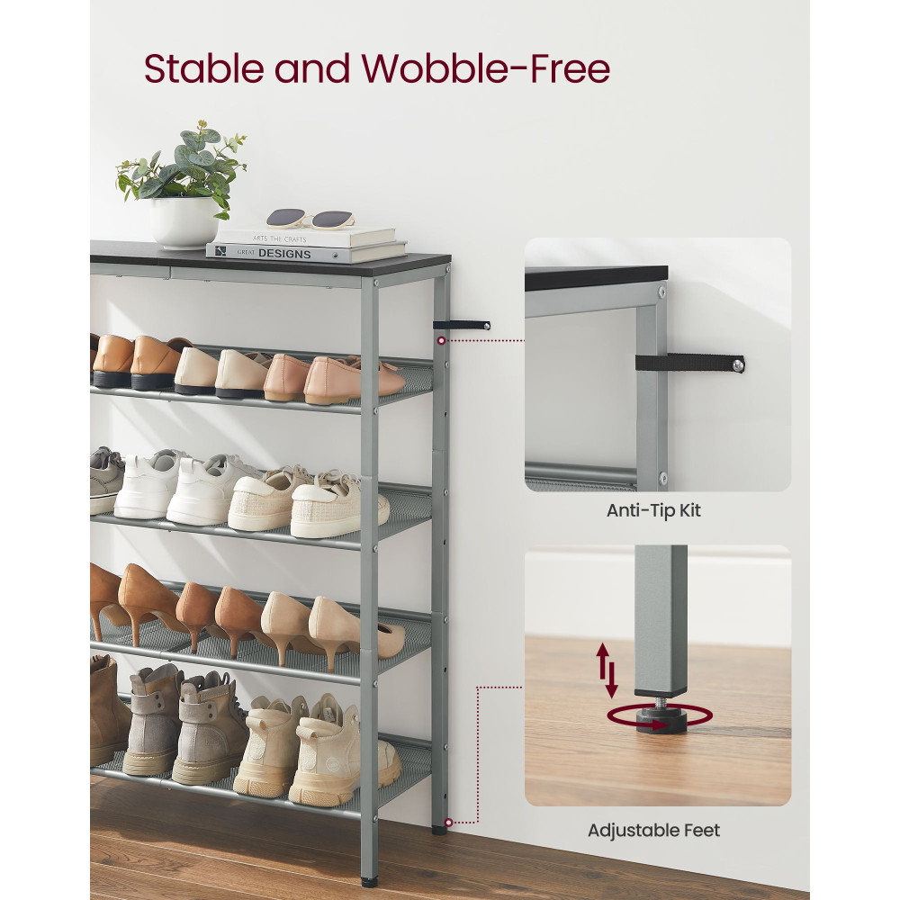 Produktbild för Vasagle Industrial 5-tier Steel Shoe Rack With Mesh Shelves, Wide Top Storage For Entryway/hallway, Space-saving Design In Charcoal Grey And Metallic Silver 93×75×30cm