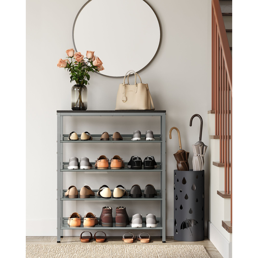 Produktbild för Vasagle Industrial 5-tier Steel Shoe Rack With Mesh Shelves, Wide Top Storage For Entryway/hallway, Space-saving Design In Charcoal Grey And Metallic Silver 93×75×30cm