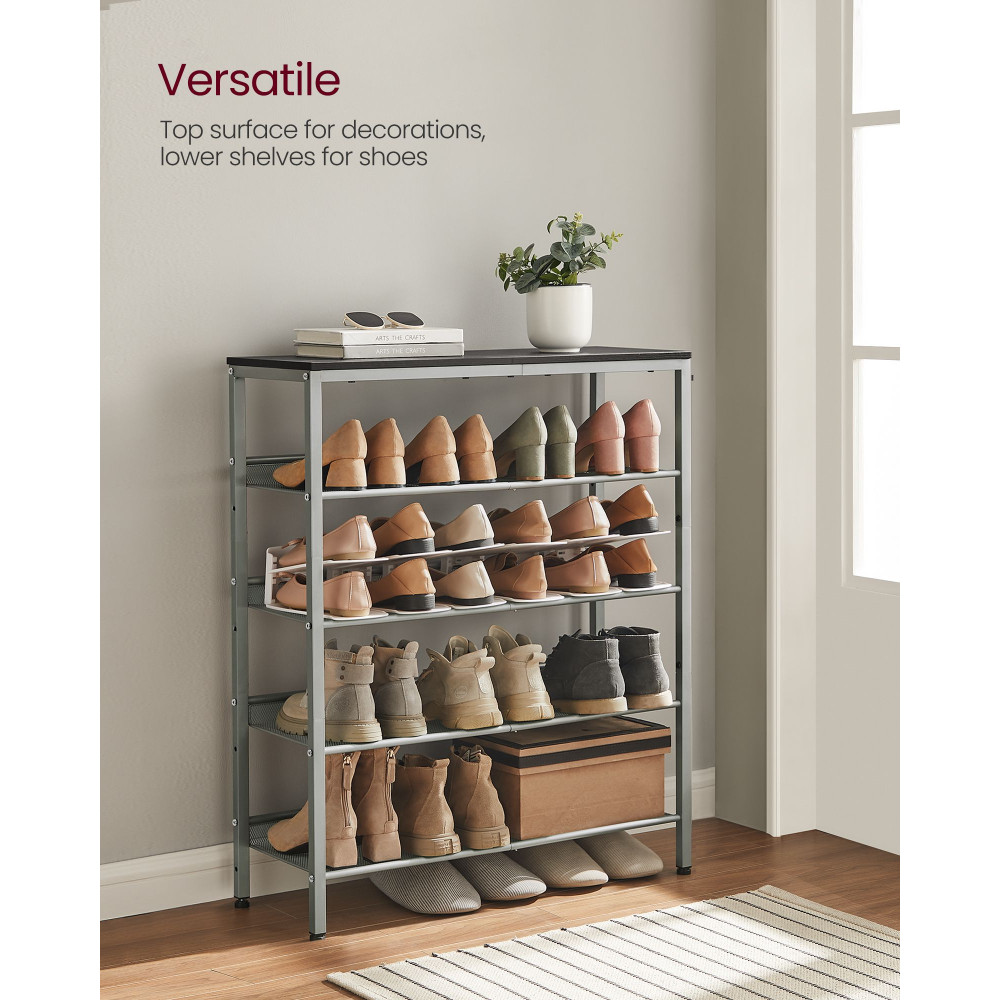 Produktbild för Vasagle Industrial 5-tier Steel Shoe Rack With Mesh Shelves, Wide Top Storage For Entryway/hallway, Space-saving Design In Charcoal Grey And Metallic Silver 93×75×30cm