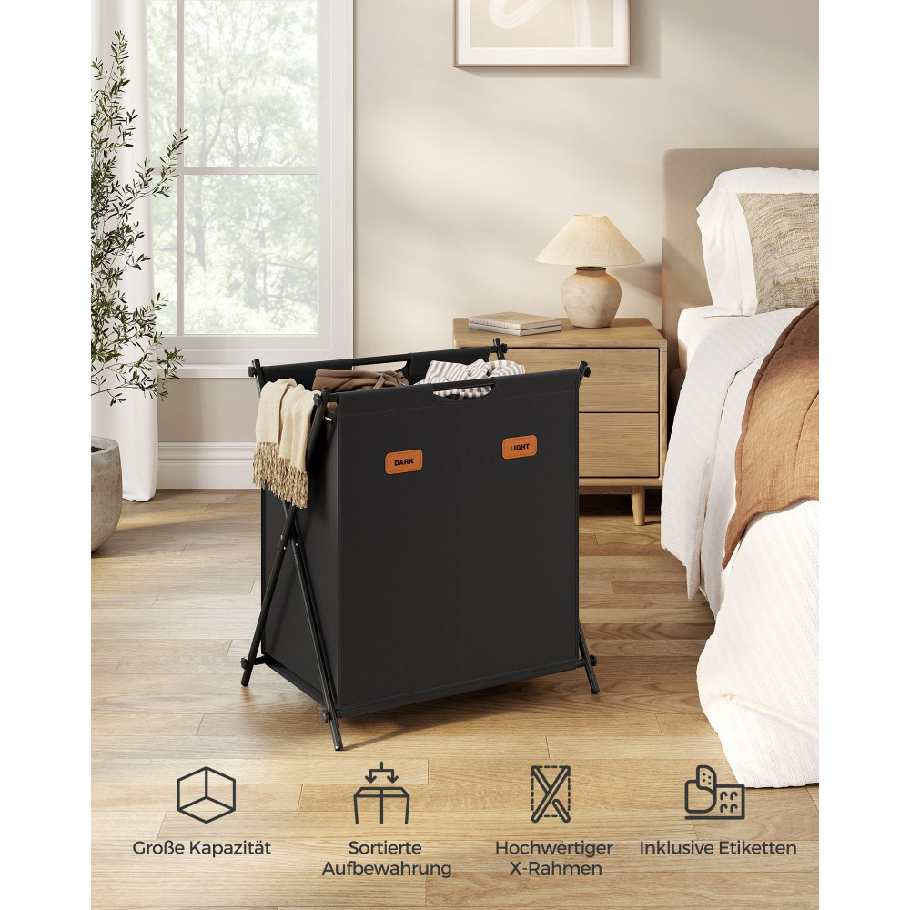 Produktbild för 115 L Laundry Hamper With 2 Sections And X-frame Ink Black 60x40x66cm