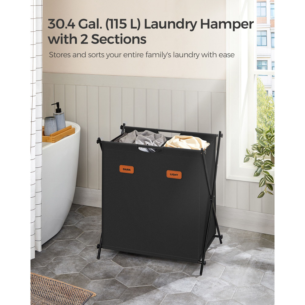 Produktbild för 115 L Laundry Hamper With 2 Sections And X-frame Ink Black 60x40x66cm