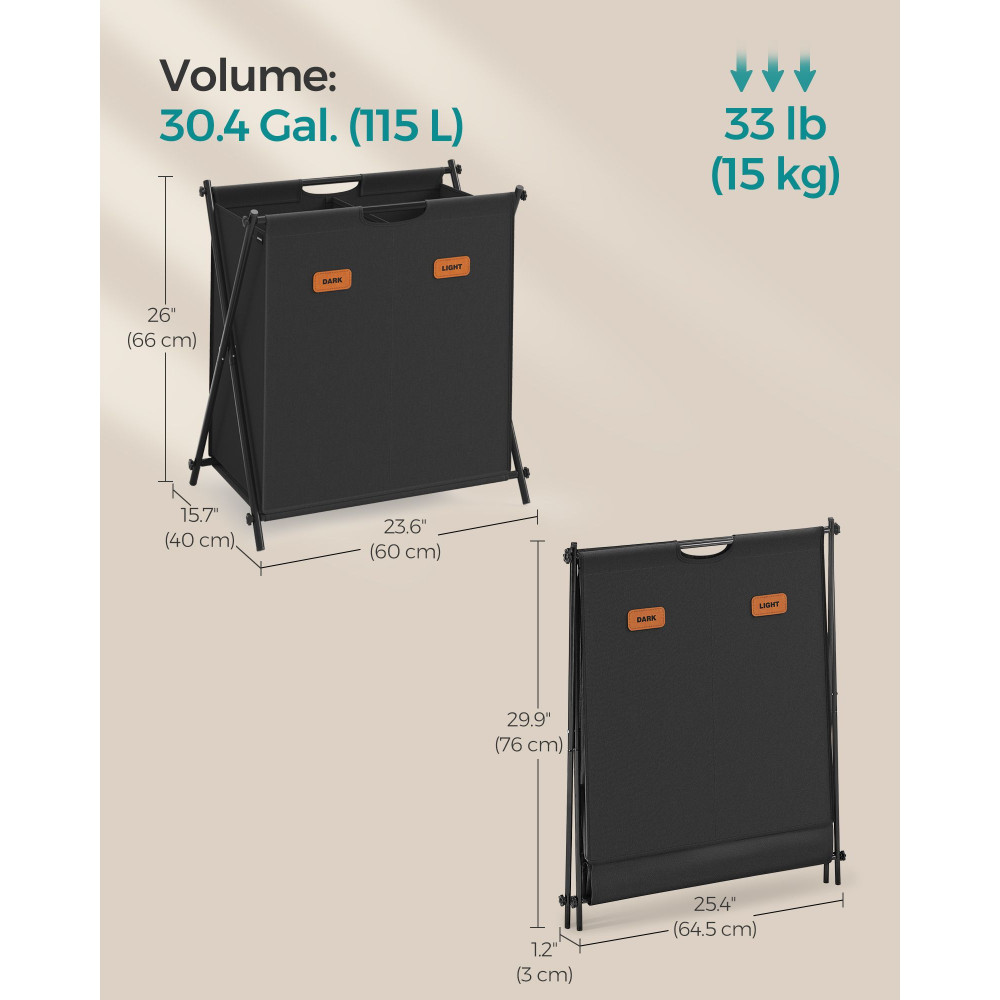 Produktbild för 115 L Laundry Hamper With 2 Sections And X-frame Ink Black 60x40x66cm