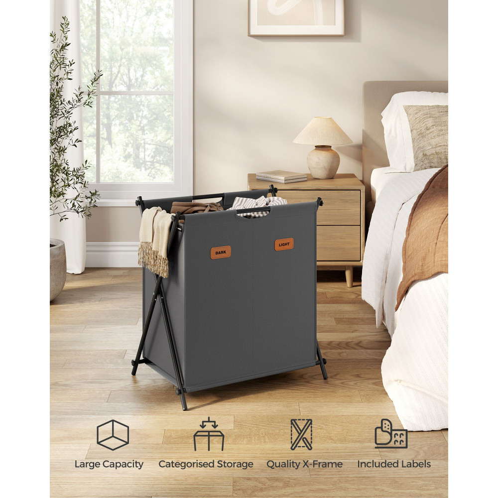 Produktbild för 115 L Laundry Hamper With 2 Sections And X-frame Slate Grey Black 60x40x66cm