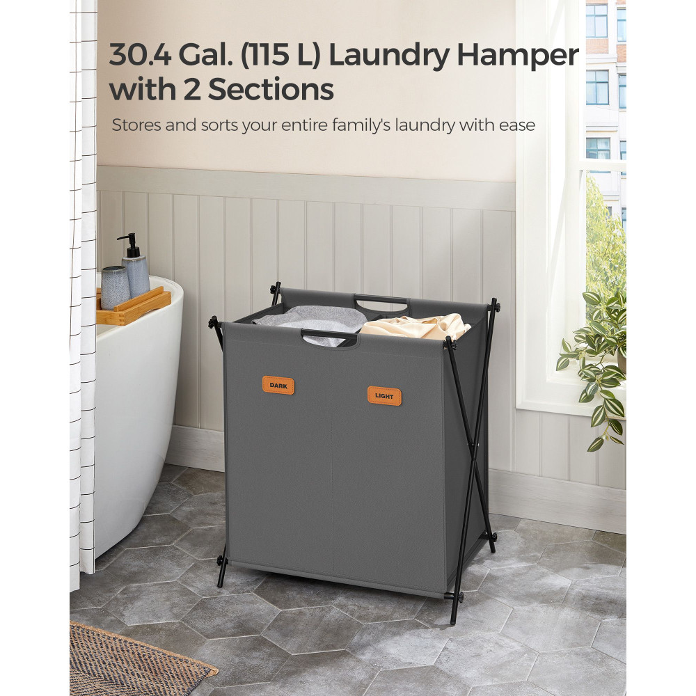 Produktbild för 115 L Laundry Hamper With 2 Sections And X-frame Slate Grey Black 60x40x66cm