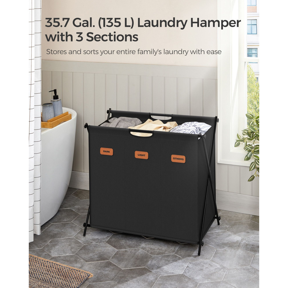 Produktbild för 135 L Laundry Hamper With 3 Sections And X-frame Ink Black 70x40x66cm