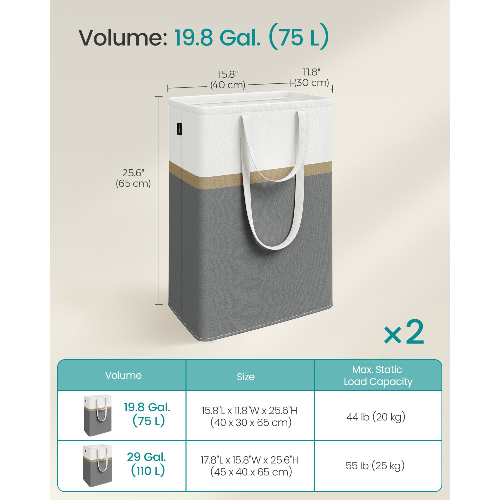 Produktbild för 75 L Collapsible Laundry Hampers Set Of 2 Slate Grey 40x30x65cm