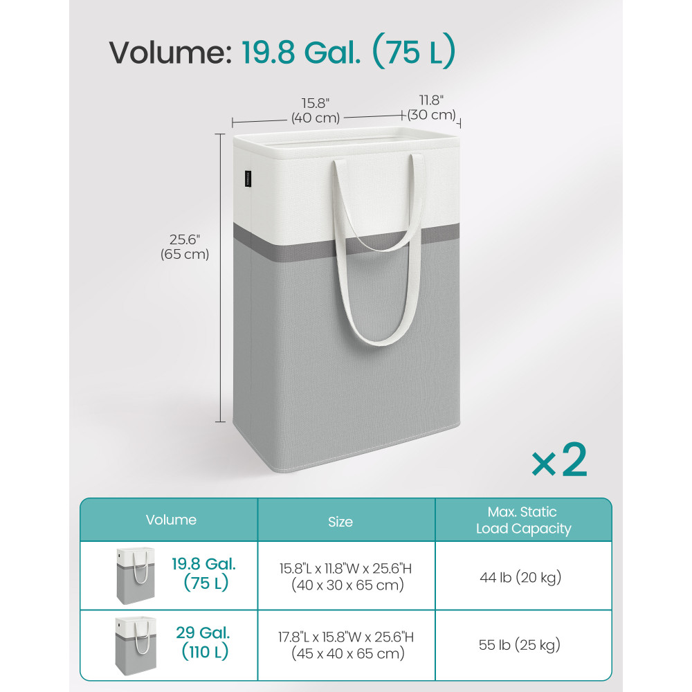 Produktbild för 75 L Collapsible Laundry Hampers Set Of 2 Dove Grey 40x30x65cm