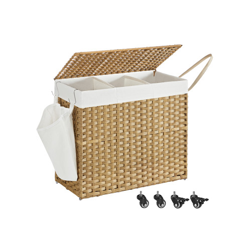 Songmics 160l Rolling Laundry Hamper With 3 Compartments & Wheels - Synthetic Rattan Basket, Removable Liner For Bedroom/laundry Room, Natural Yellow 70x36x66cm