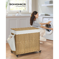 Produktbild för 160l Rolling Laundry Hamper With 3 Compartments & Wheels - Synthetic Rattan Basket, Removable Liner For Bedroom/laundry Room, Natural Yellow 70x36x66cm