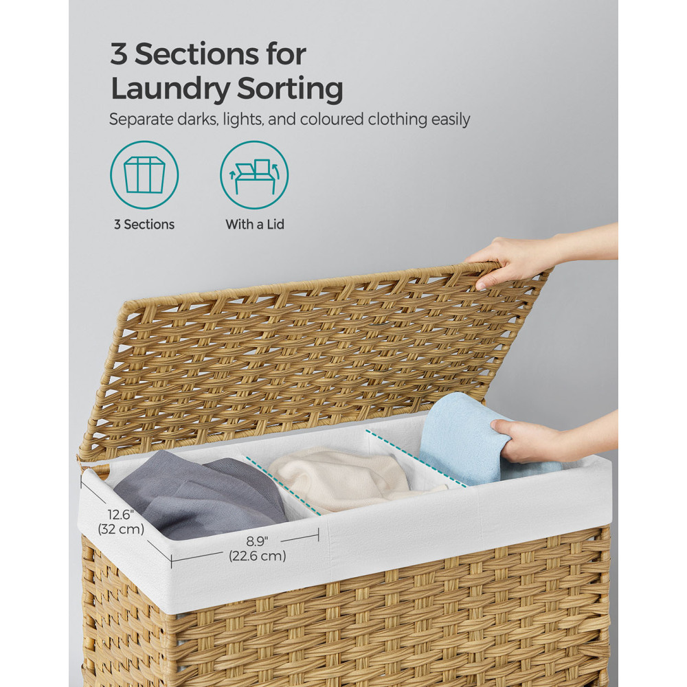 Produktbild för 160l Rolling Laundry Hamper With 3 Compartments & Wheels - Synthetic Rattan Basket, Removable Liner For Bedroom/laundry Room, Natural Yellow 70x36x66cm