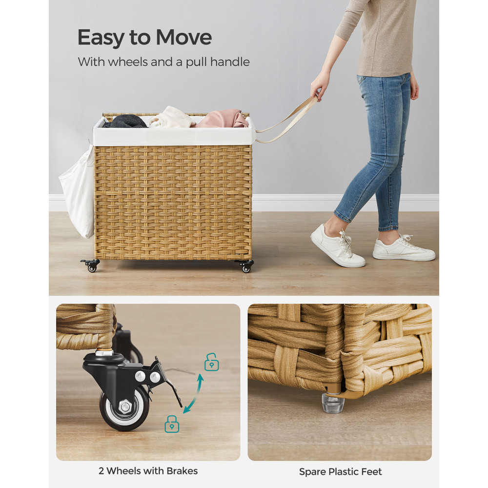 Produktbild för 160l Rolling Laundry Hamper With 3 Compartments & Wheels - Synthetic Rattan Basket, Removable Liner For Bedroom/laundry Room, Natural Yellow 70x36x66cm