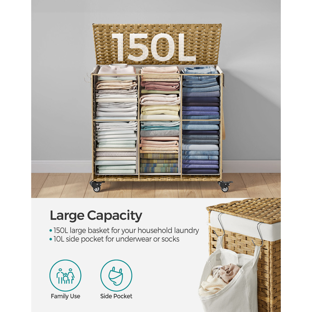 Produktbild för 160l Rolling Laundry Hamper With 3 Compartments & Wheels - Synthetic Rattan Basket, Removable Liner For Bedroom/laundry Room, Natural Yellow 70x36x66cm