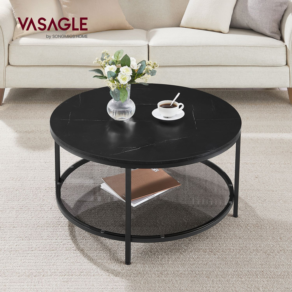Produktbild för Faux Marble Round Coffee Table With Storage Shelf Marble Black And Ink Black 80x80x45cm
