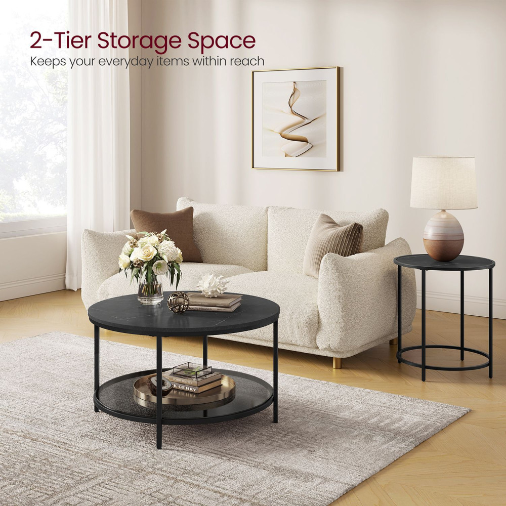 Produktbild för Faux Marble Round Coffee Table With Storage Shelf Marble Black And Ink Black 80x80x45cm