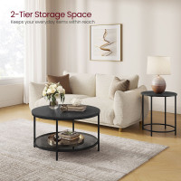 Produktbild för Faux Marble Round Coffee Table With Storage Shelf Marble Black And Ink Black 80x80x45cm