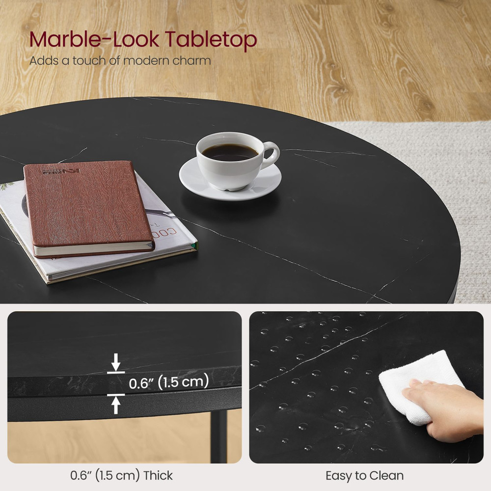 Produktbild för Faux Marble Round Coffee Table With Storage Shelf Marble Black And Ink Black 80x80x45cm