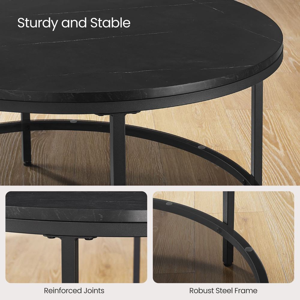 Produktbild för Faux Marble Round Coffee Table With Storage Shelf Marble Black And Ink Black 80x80x45cm