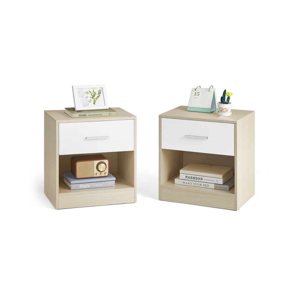 Produktbild för Bedside Tables, Set Of 2, Side Table With Drawer, Handle, Open Compartment, End Table, For Bedroom, Living Room, Natural Beige And Classic White Let819t67 Milky Coffee Color 39x28x41cm