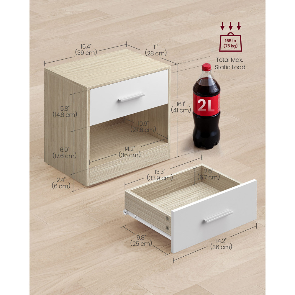 Produktbild för Bedside Tables, Set Of 2, Side Table With Drawer, Handle, Open Compartment, End Table, For Bedroom, Living Room, Natural Beige And Classic White Let819t67 Milky Coffee Color 39x28x41cm