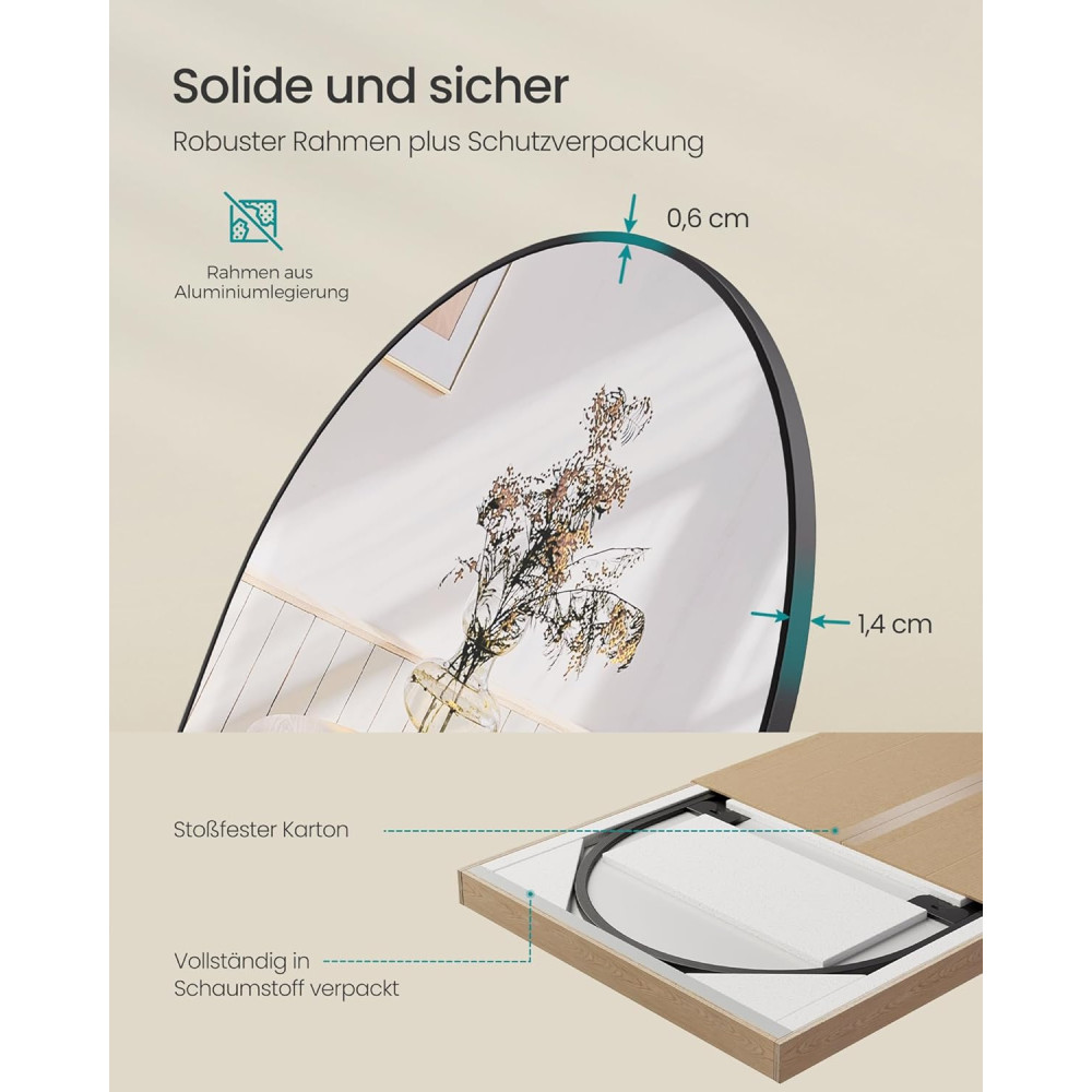 Produktbild för Songmics Full Length Mirror Curved Mirror Wall Door Mounted Aluminium Alloy Frame Tempered Glass Bedroom Living Room Wardrobe Ink Black Lfm033b01 120x40x1cm